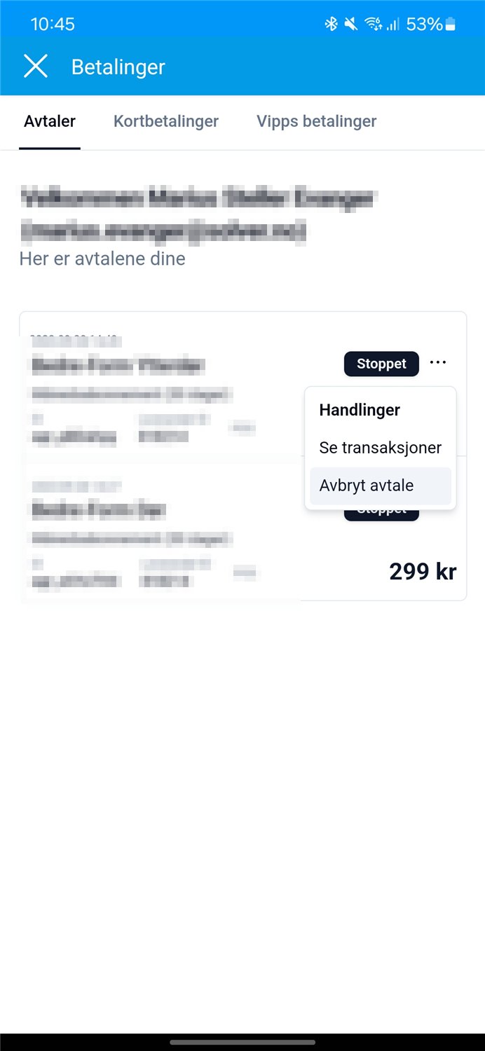 Avtaler i SolverApp, med valget Avbryt avtale
