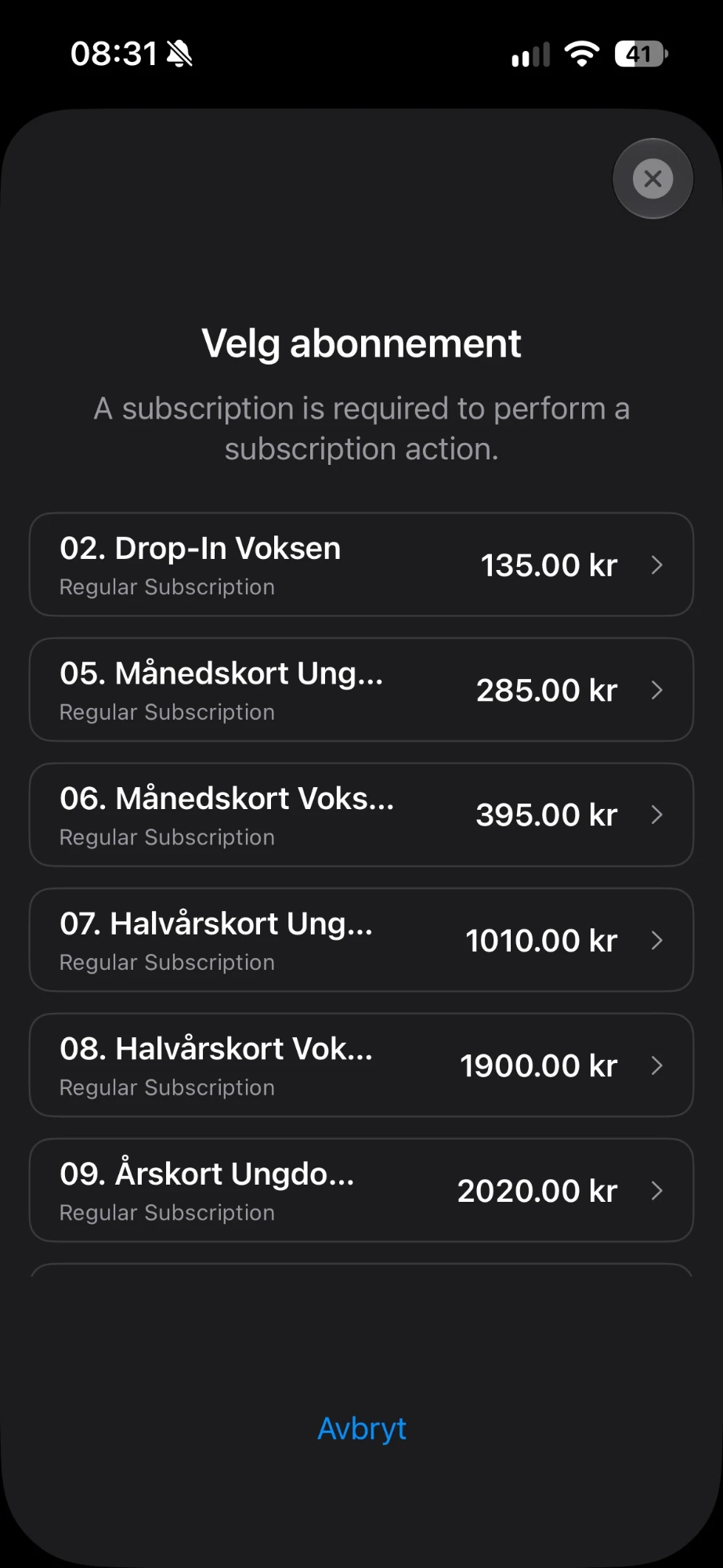 Abonnement i SolverApp: kunden velger mellom drop-in, månedskort, halvårskort og årskort