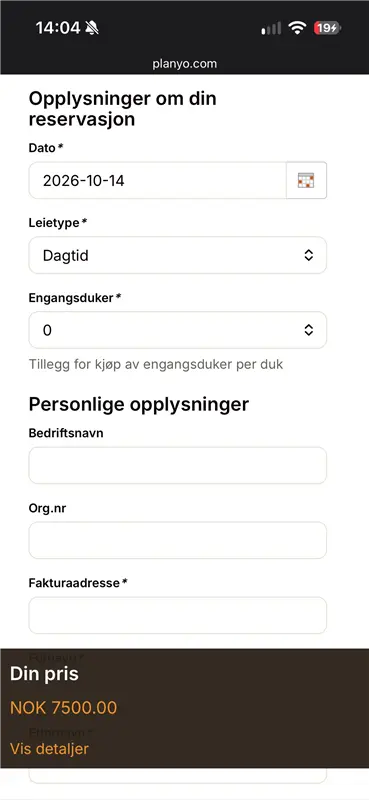 Eksempel på et bookingskjema på mobilen